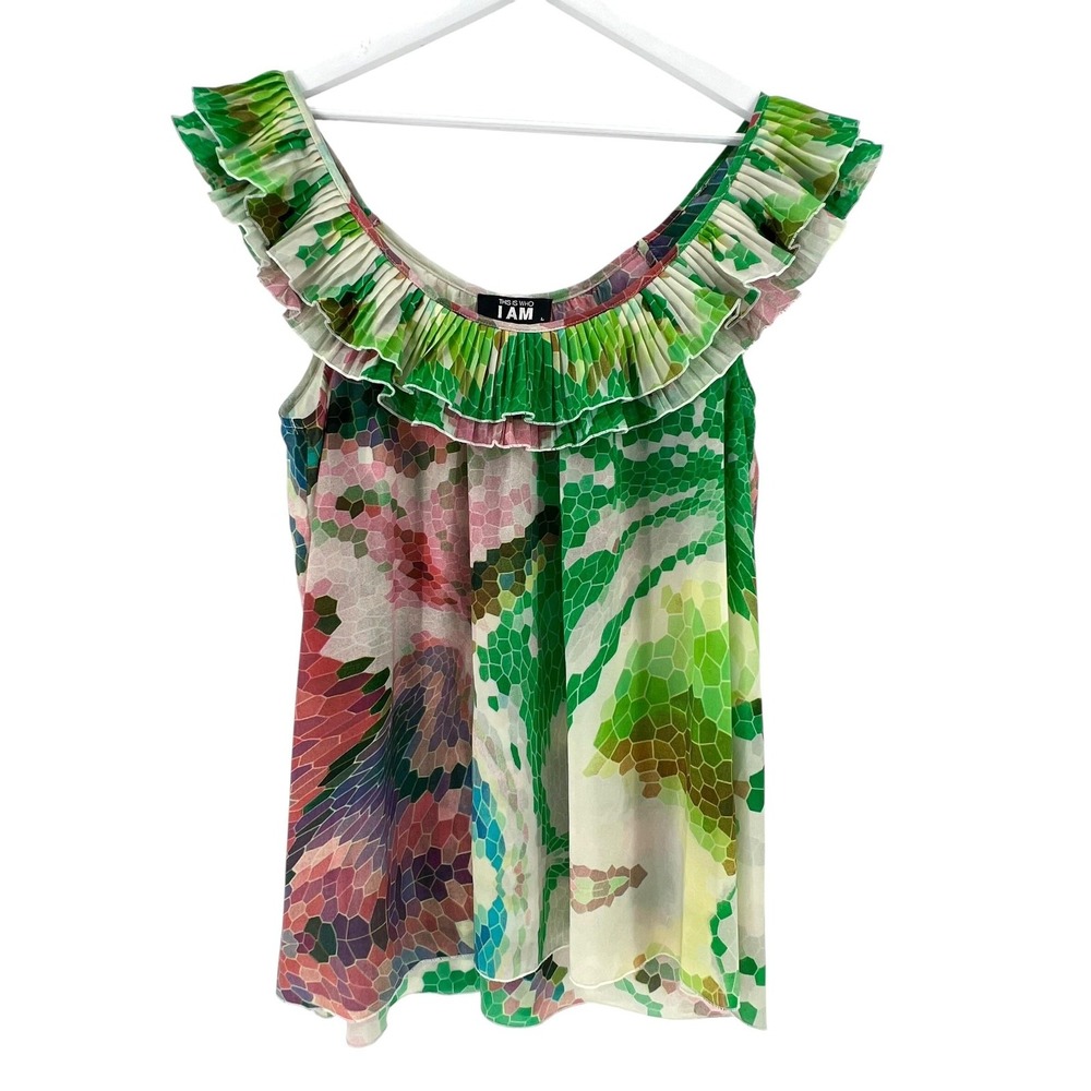 THIS IS WHO I AM Green Multi-Color Ruffle Neck Tunic Top L